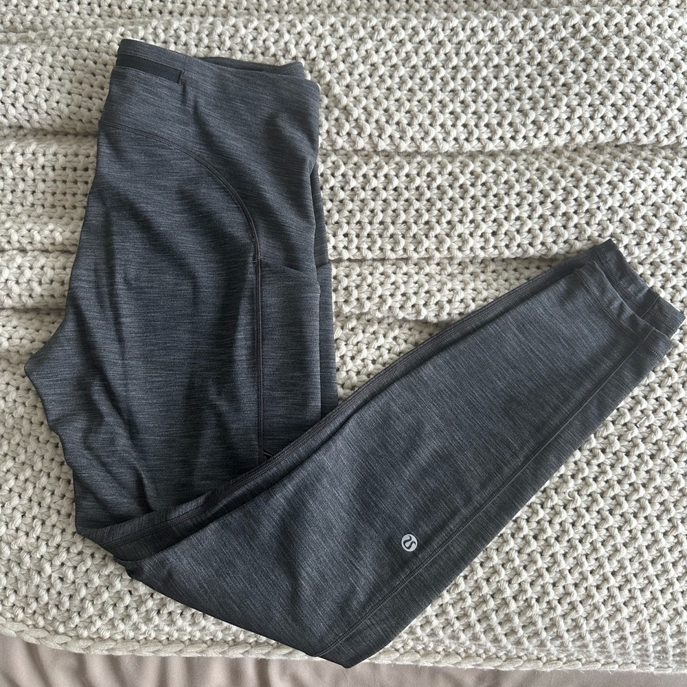 Lululemon grey leggings with pockets and back zipper, 7/8 length, size 10